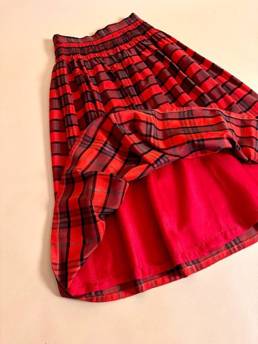 Gonna in taffetà rosso fantasia tartan 