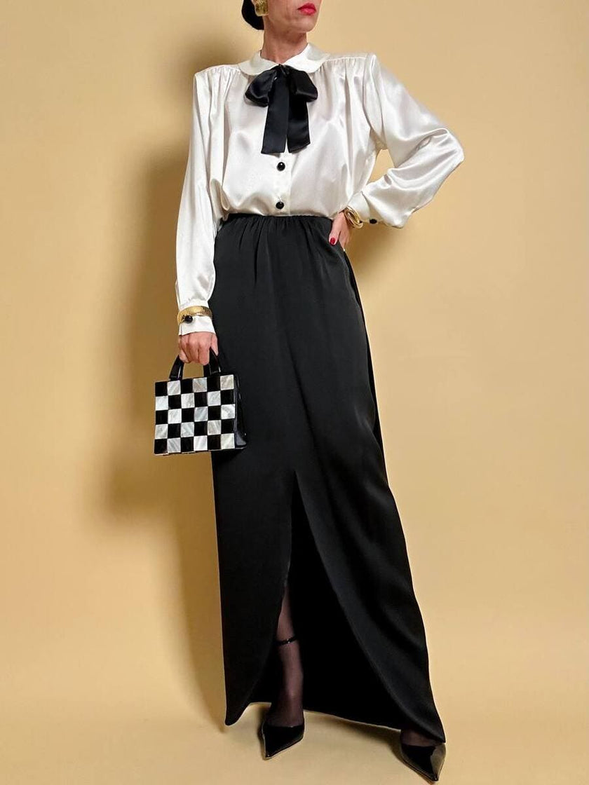 Gonna lunga in raso di seta nero “Yves Saint Laurent Rive Gauche”