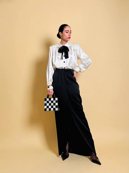 Gonna lunga in raso di seta nero “Yves Saint Laurent Rive Gauche”