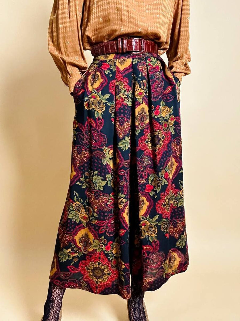 Gonna pantalone in lana leggera fantasia floreale 