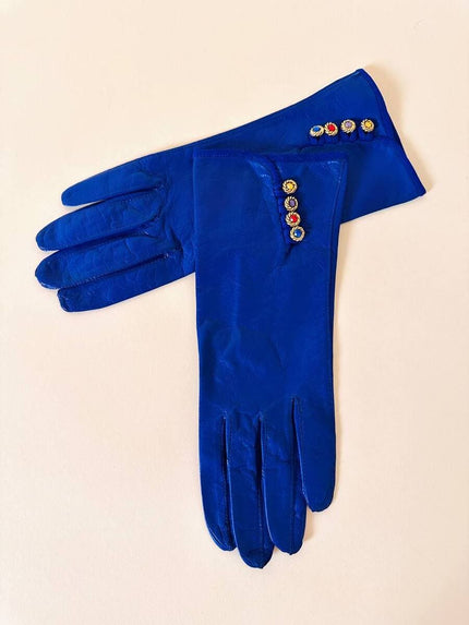 Guanti in nappa bluette con piccoli bottoni gioiello