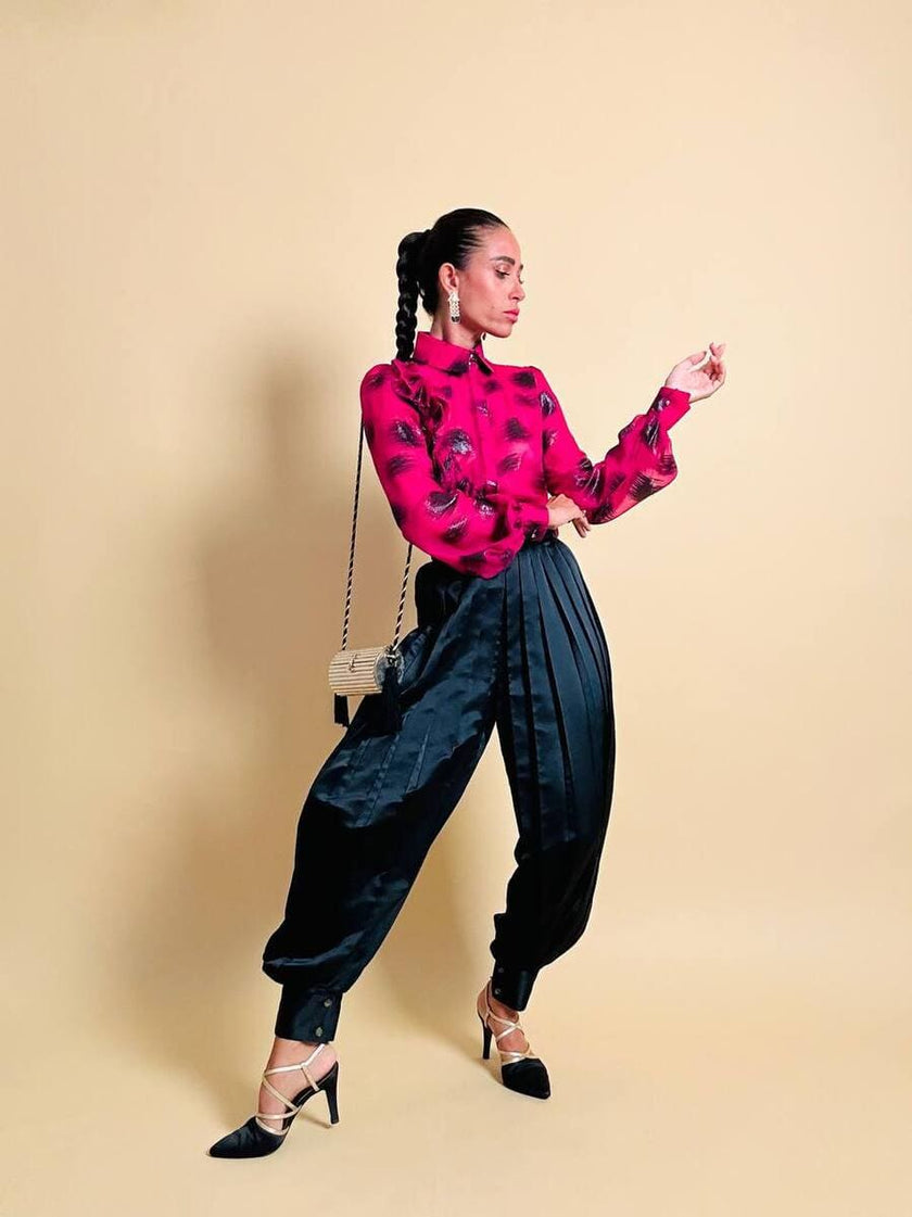 Harem pants in raso nero plissé