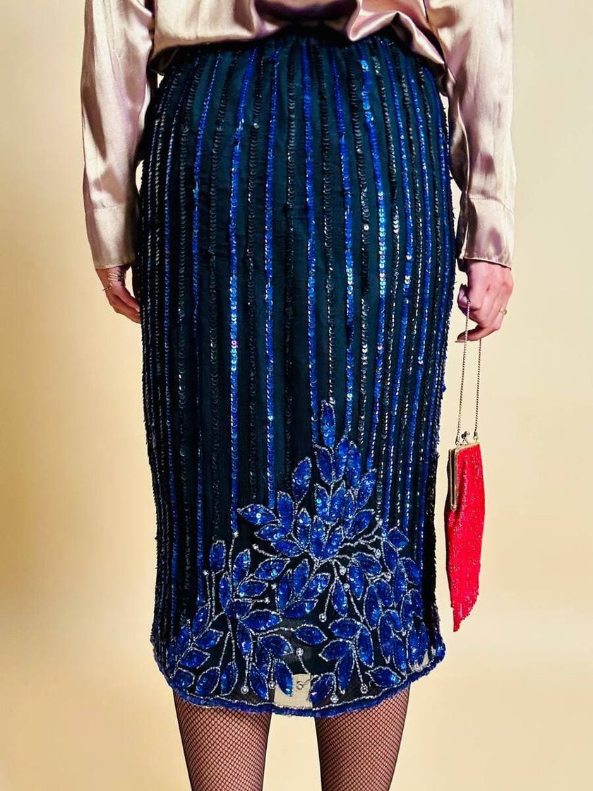 Longuette in chiffon di seta nero con ricamo paillettes blue e grigio
