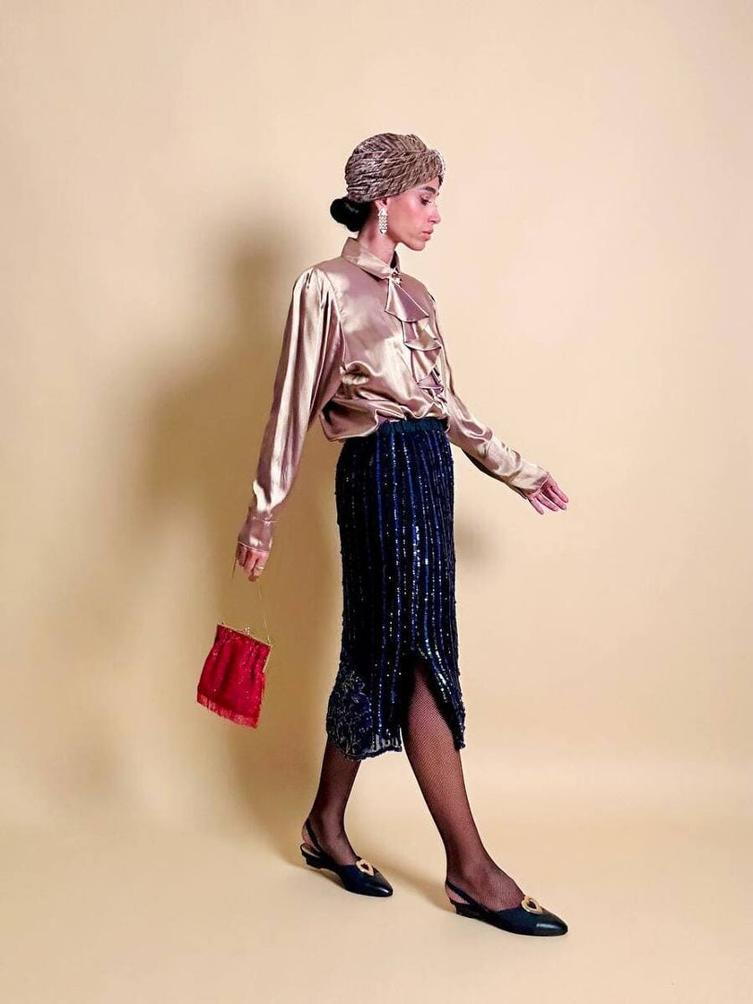 Longuette in chiffon di seta nero con ricamo paillettes blue e grigio