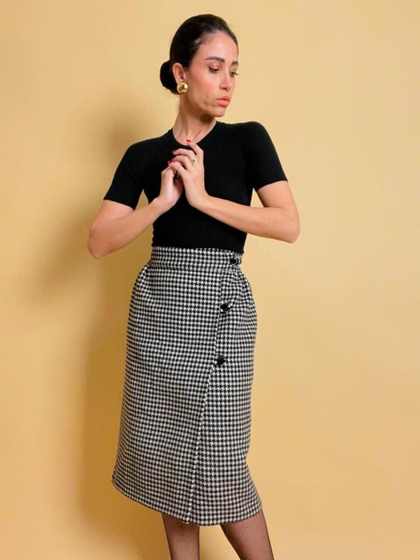 Longuette sartoriale double face in lana pied de poule e nera