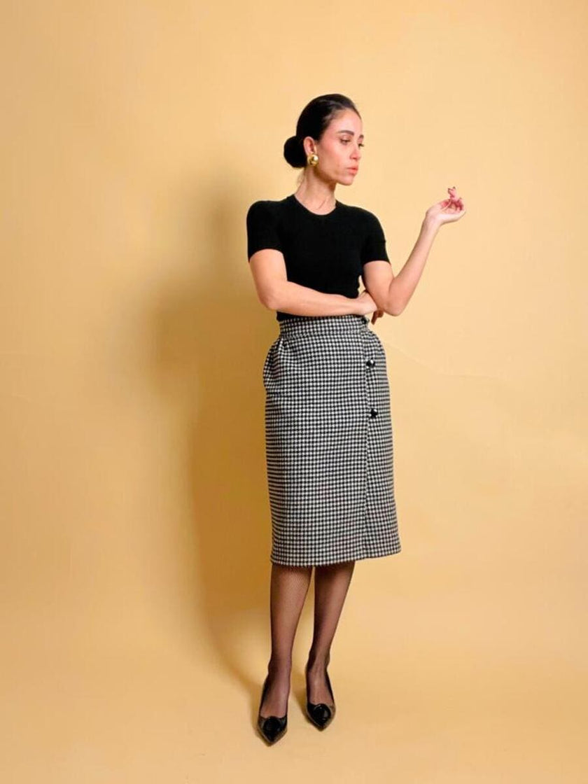 Longuette sartoriale double face in lana pied de poule e nera