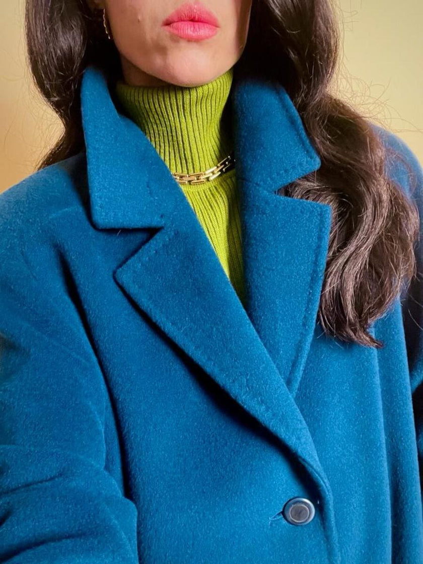 Maxi coat in pura lana color ottanio 