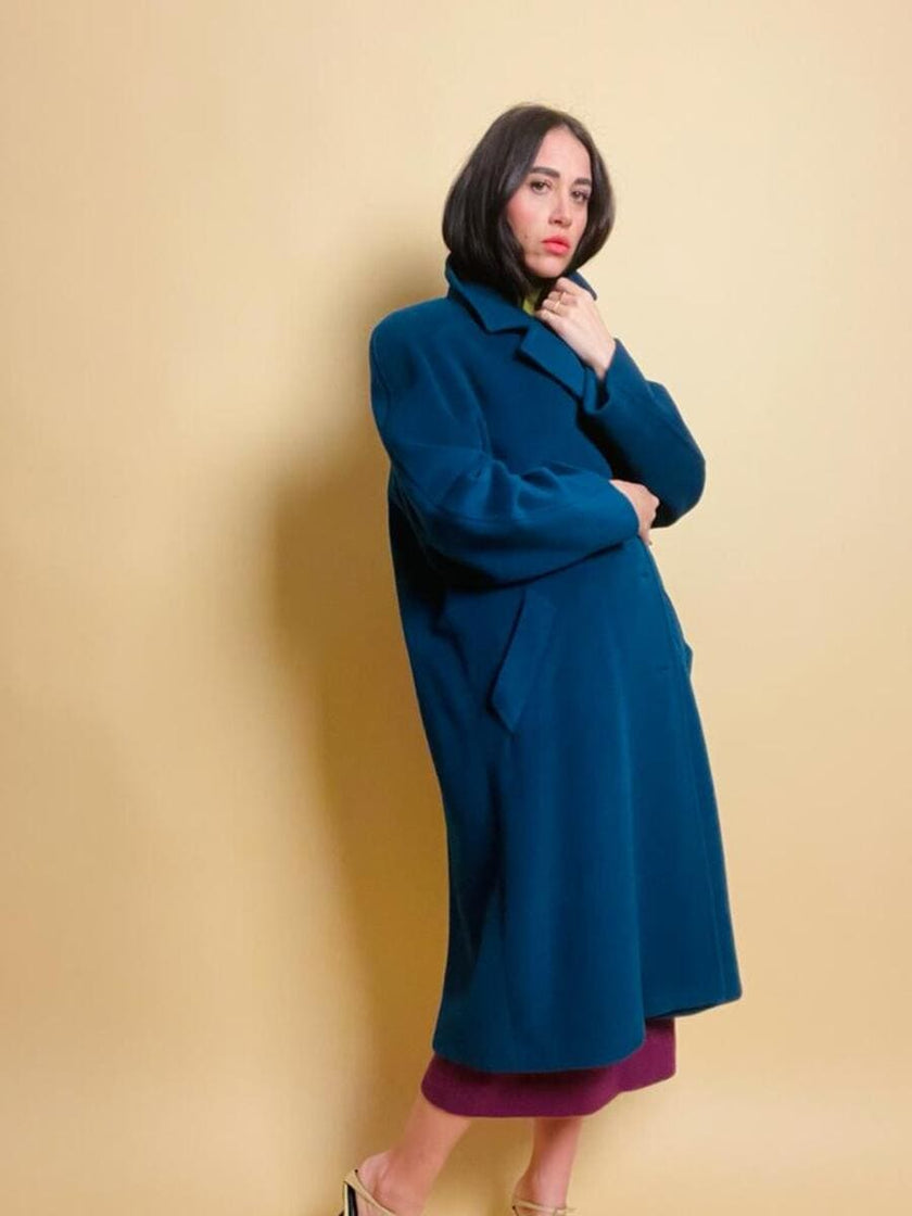 Maxi coat in pura lana color ottanio 