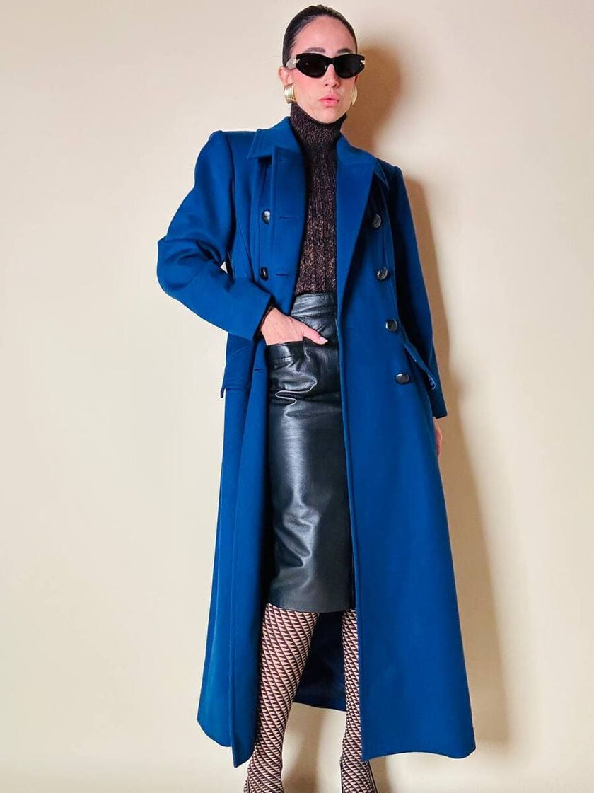 Maxi cappotto in lana color blu petrolio 