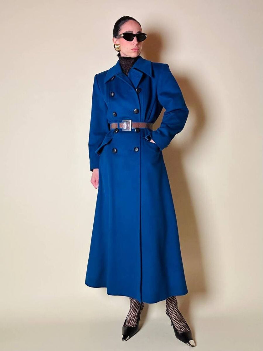 Maxi cappotto in lana color blu petrolio 