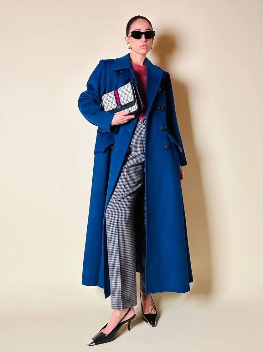 Maxi cappotto in lana color blu petrolio 