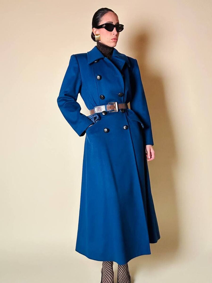 Maxi cappotto in lana color blu petrolio 