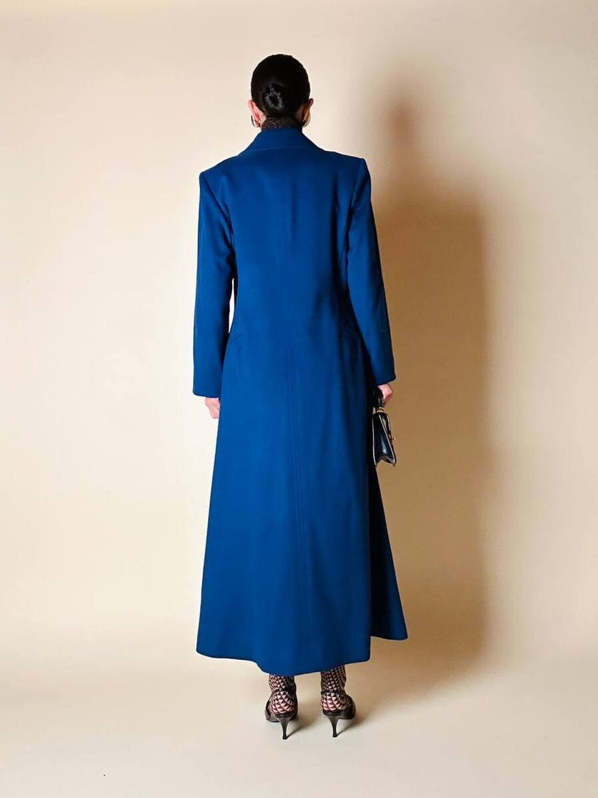 Maxi cappotto in lana color blu petrolio 