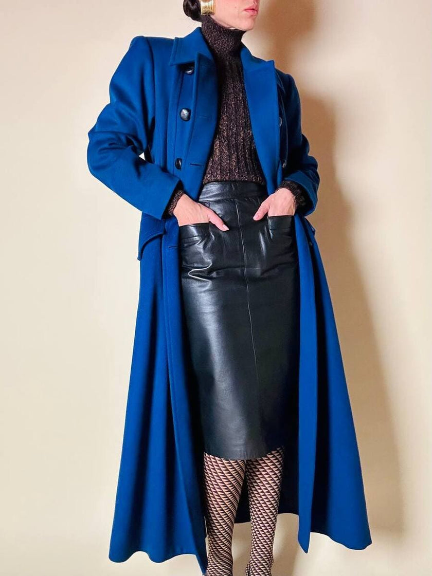Maxi cappotto in lana color blu petrolio 