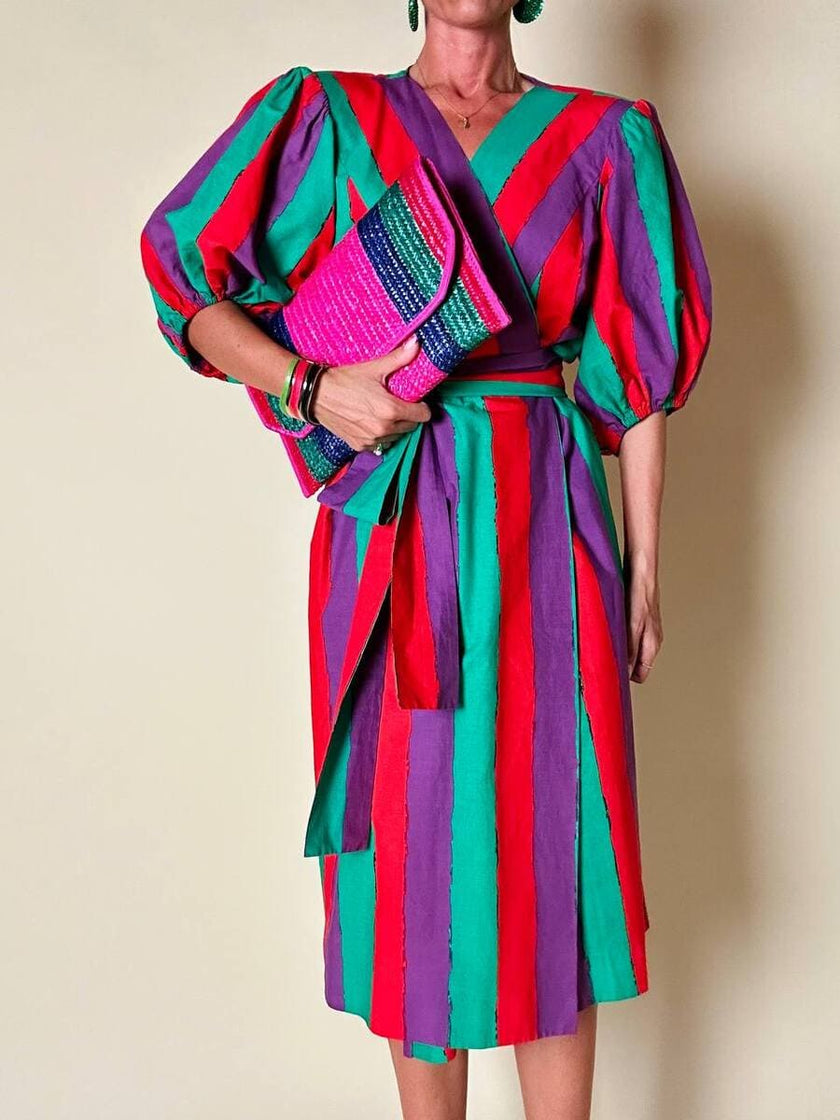 Maxi pochette in paglia a righe multicolor “Yves Saint Laurent”