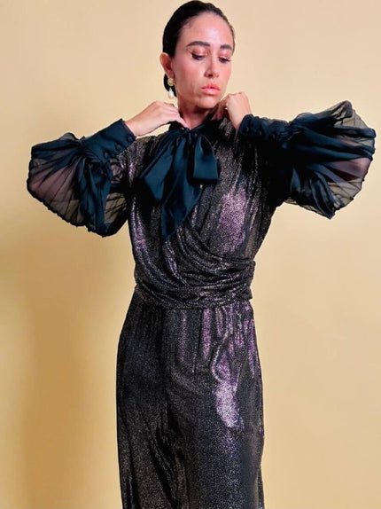 Jumpsuit in tessuto metallizzato color bronzo