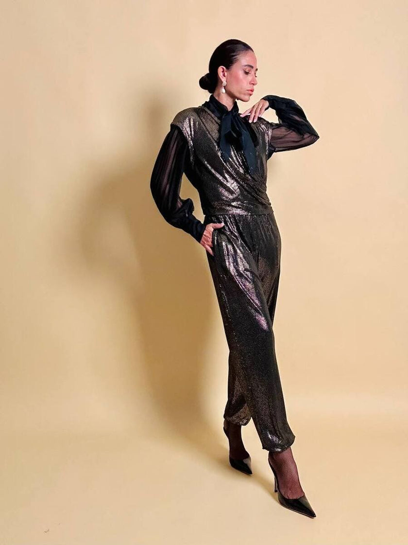 Jumpsuit in tessuto metallizzato color bronzo