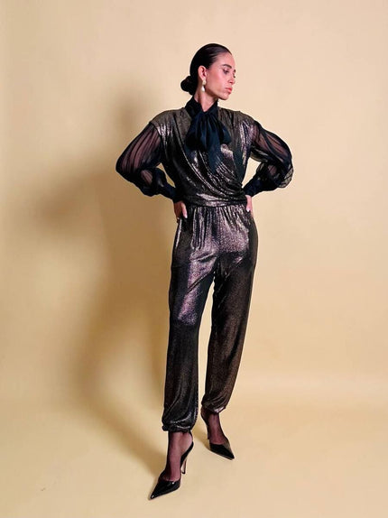 Jumpsuit in tessuto metallizzato color bronzo