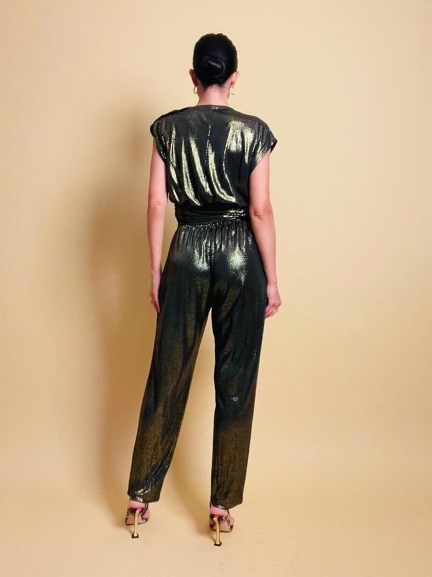 Jumpsuit in tessuto metallizzato color bronzo