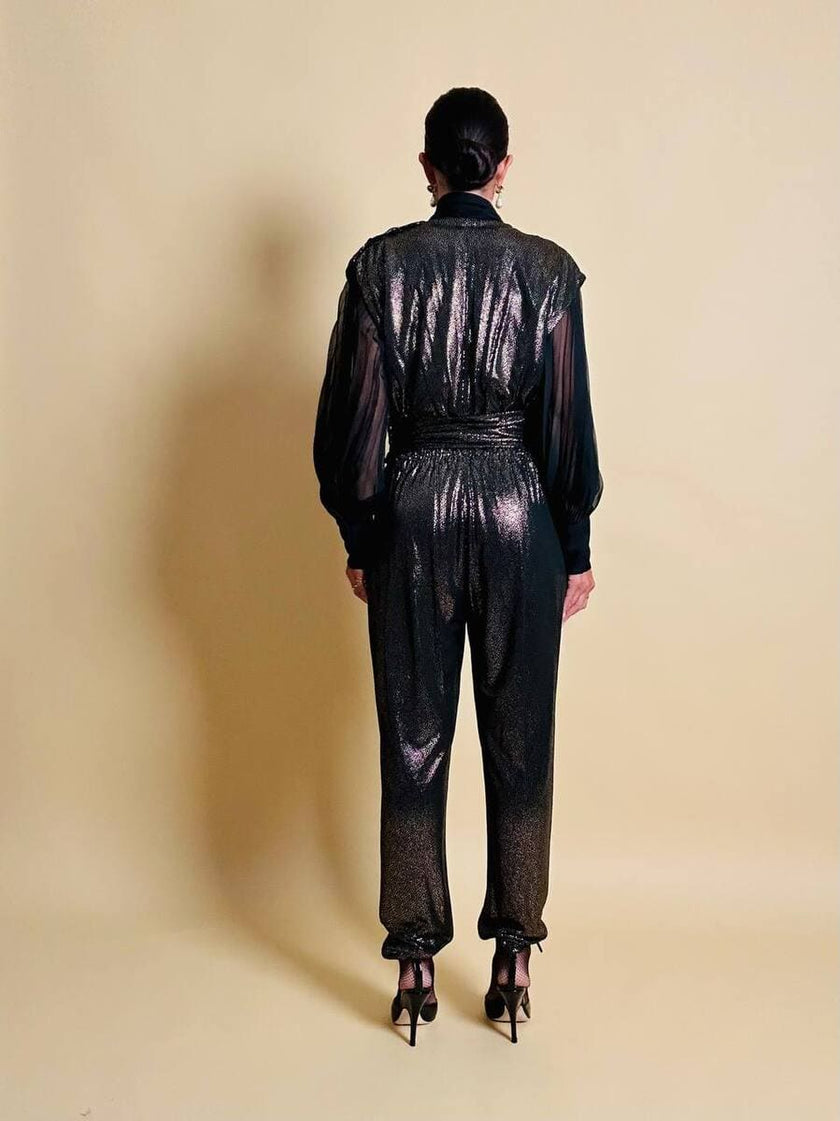 Jumpsuit in tessuto metallizzato color bronzo