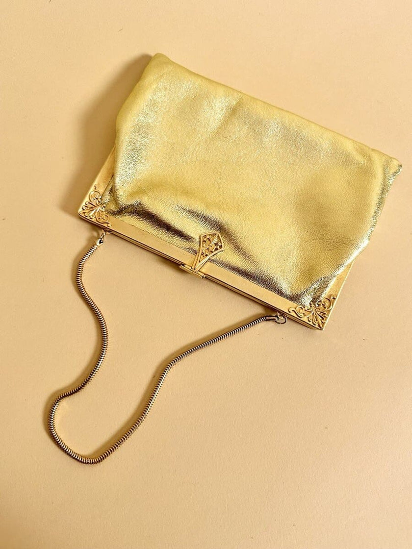 Mini bag in pelle laminata oro con specchietto incorporato