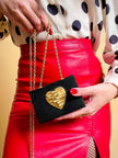 Mini bag a tracolla in raso nero con maxi cuore oro