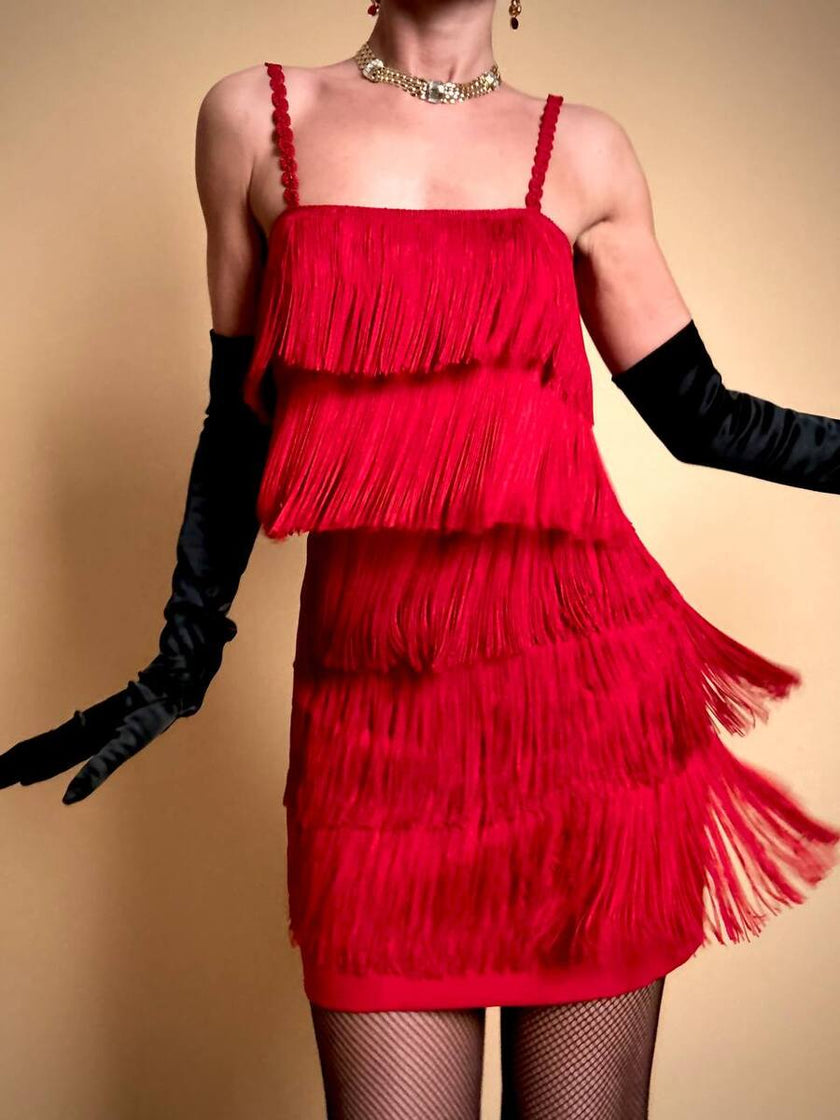 Mini dress rosso con frange a balze