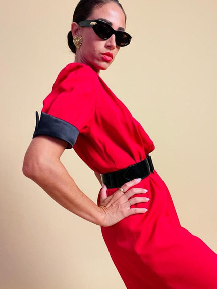 Mini dress rosso con riporti in seta nera 