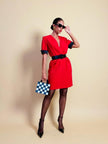 Mini dress rosso con riporti in seta nera 