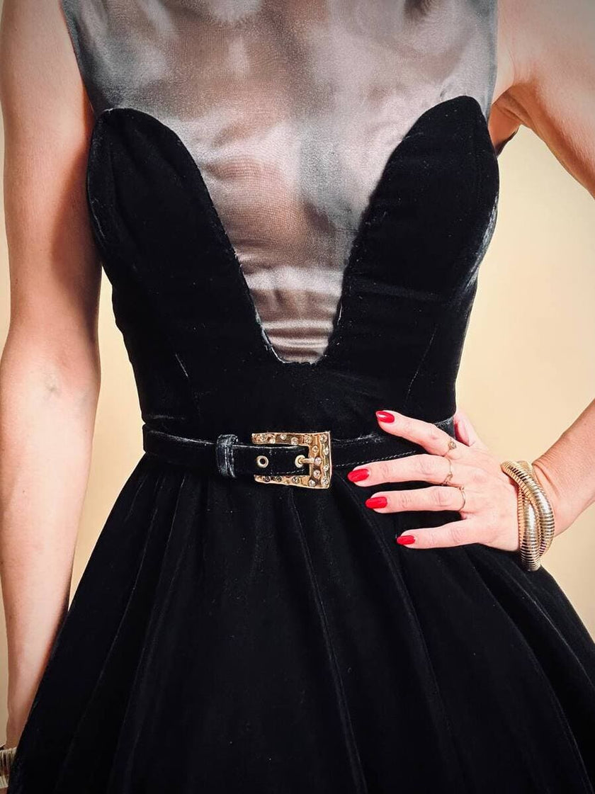 Mini dress sartoriale in velluto nero e organza