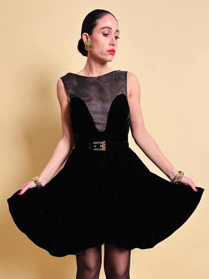 Mini dress sartoriale in velluto nero e organza