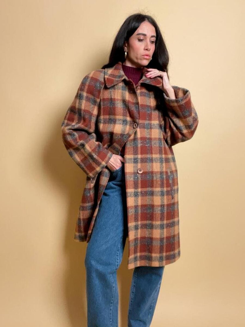 Over coat in lana tartan cammello e grigio