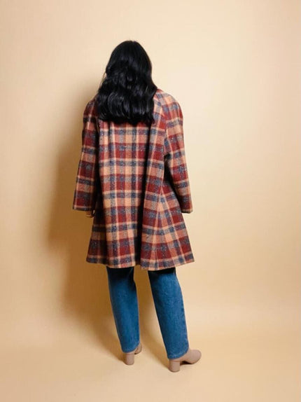 Over coat in lana tartan cammello e grigio