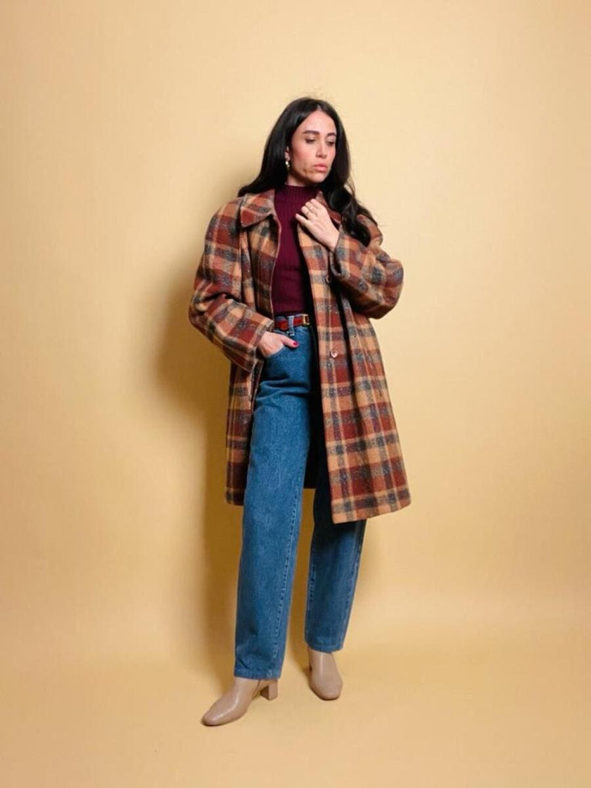 Over coat in lana tartan cammello e grigio