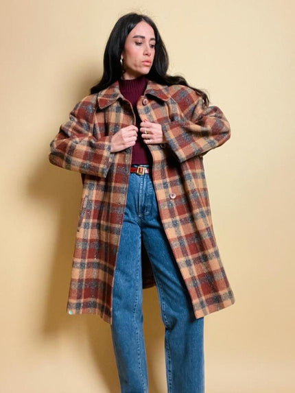 Over coat in lana tartan cammello e grigio