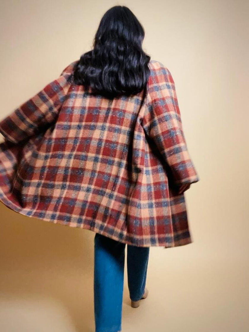 Over coat in lana tartan cammello e grigio