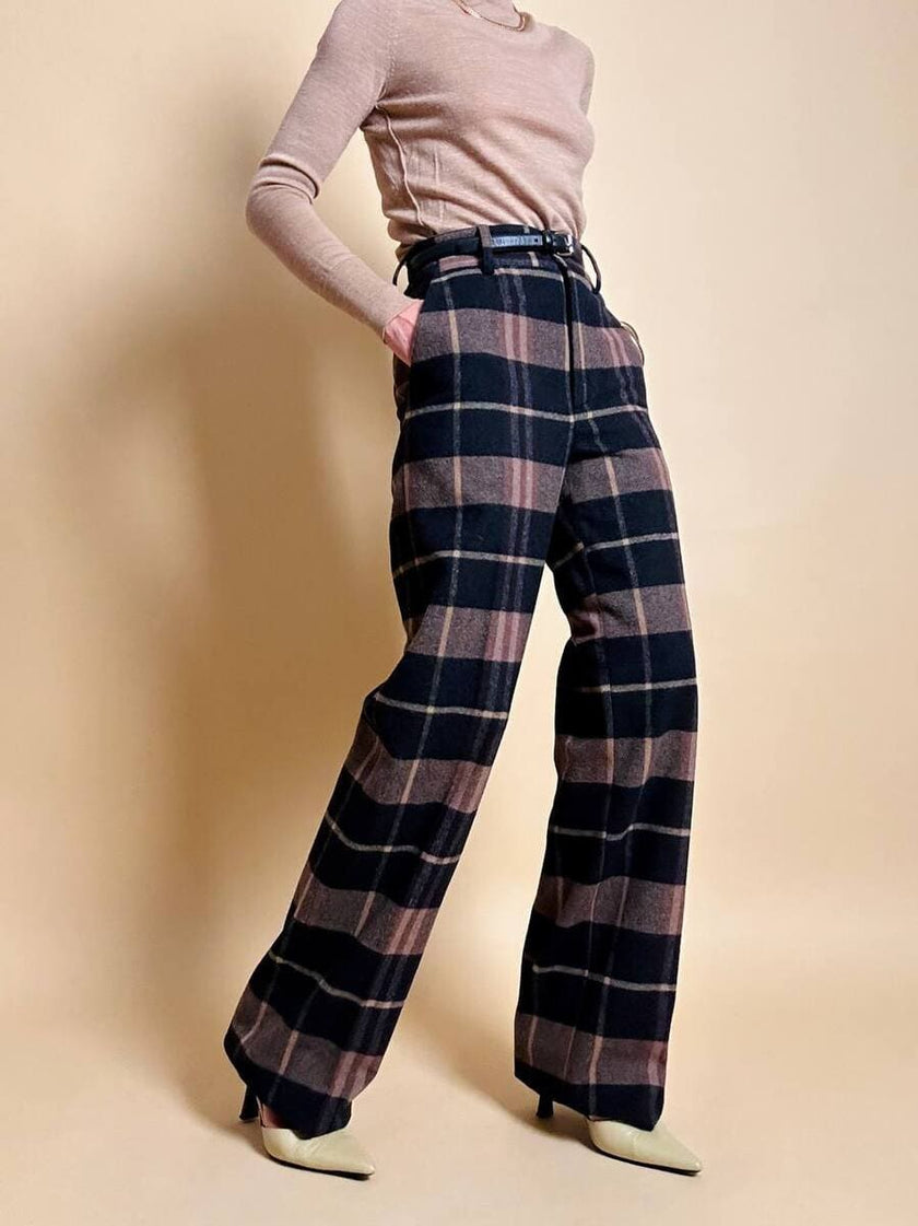 Pantalone a palazzo in flanella di lana fantasia check