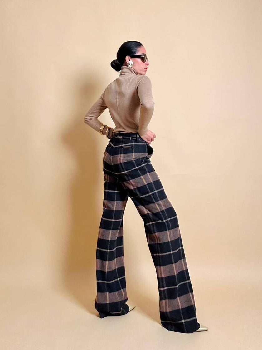 Pantalone a palazzo in flanella di lana fantasia check