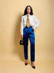 Pantalone a vita alta in raso bluette