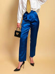 Pantalone a vita alta in raso bluette