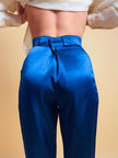 Pantalone a vita alta in raso bluette