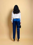 Pantalone a vita alta in raso bluette