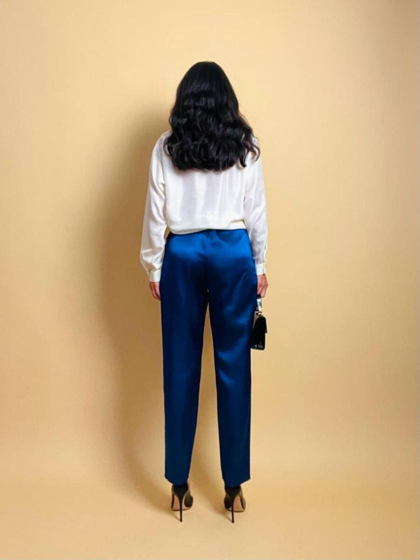 Pantalone a vita alta in raso bluette