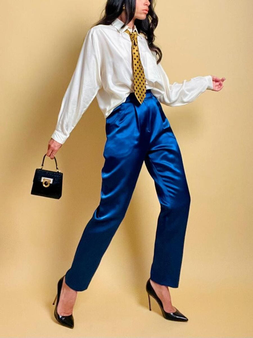 Pantalone a vita alta in raso bluette