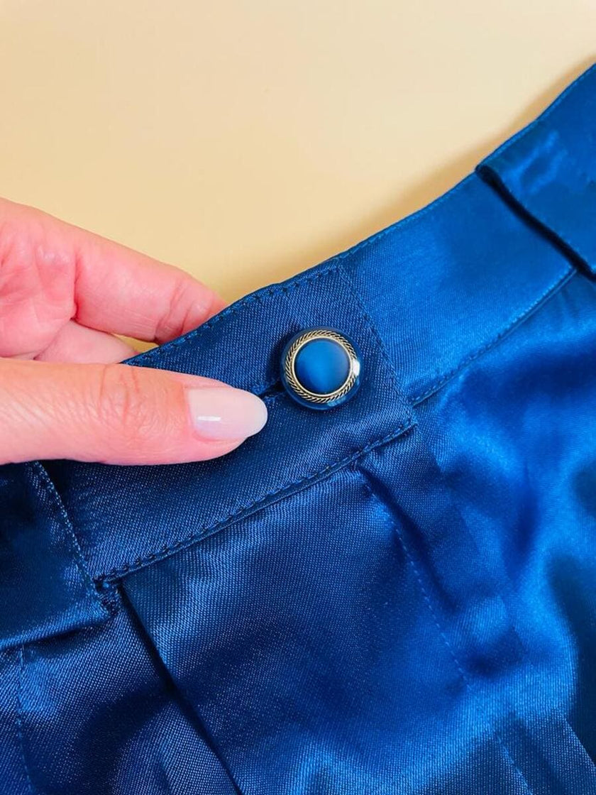 Pantalone a vita alta in raso bluette