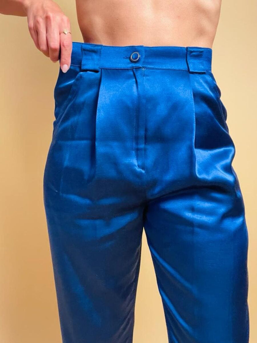 Pantalone a vita alta in raso bluette