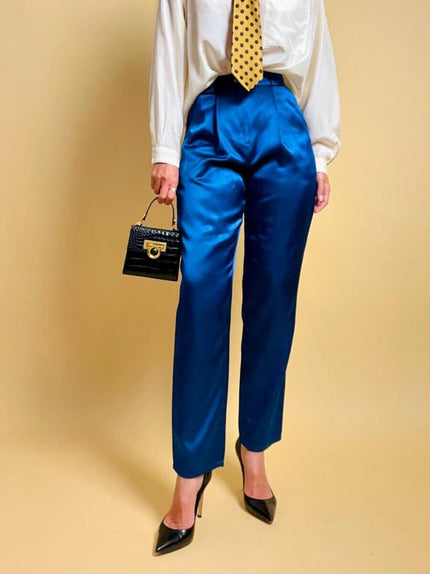 Pantalone a vita alta in raso bluette