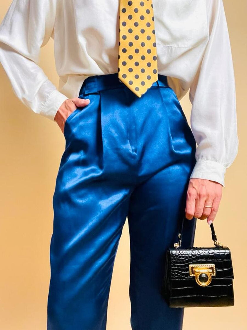Pantalone a vita alta in raso bluette