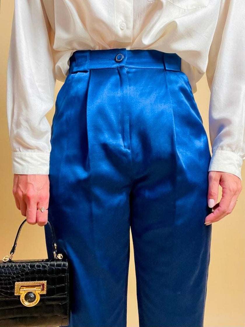 Pantalone a vita alta in raso bluette