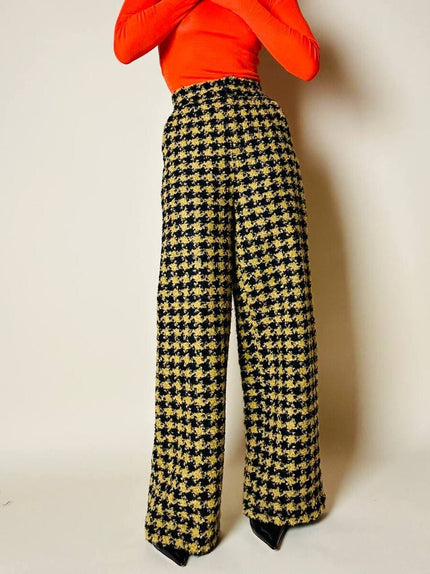 Pantalone a palazzo giallo e nero in lana bouclé fantasia pied de coque “Weili Zheng”